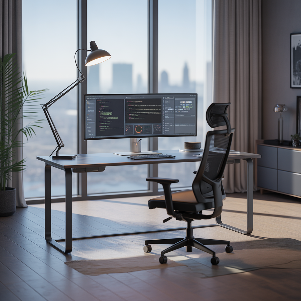 A high-end minimalist home office setup with a sleek desk, ultra-wide monitor showing code and design tools, ergonomic chair, and a view of a city skyline through a large window. Professional lighting, premium aesthetic. No people. No women.